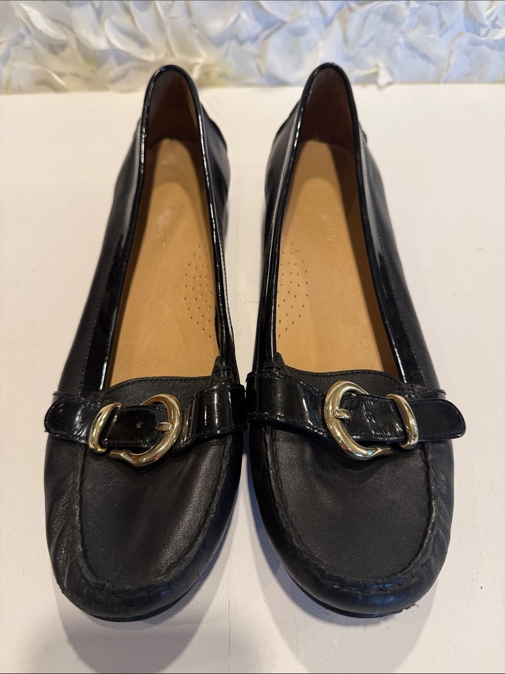 Cole Haan Black Leather Loafers with Gold Buckle Accent
